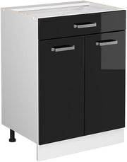 Mobiletto base per cucina R-Line, Nero lucido, 60 cm con cassetto, senza piano di lavoro, per la libera combinazione all'interno di sistemi cucina modulari