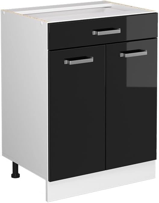 Mobiletto base per cucina R-Line, Nero lucido, 60 cm con cassetto, senza piano di lavoro, per la libera combinazione all'interno di sistemi cucina modulari
