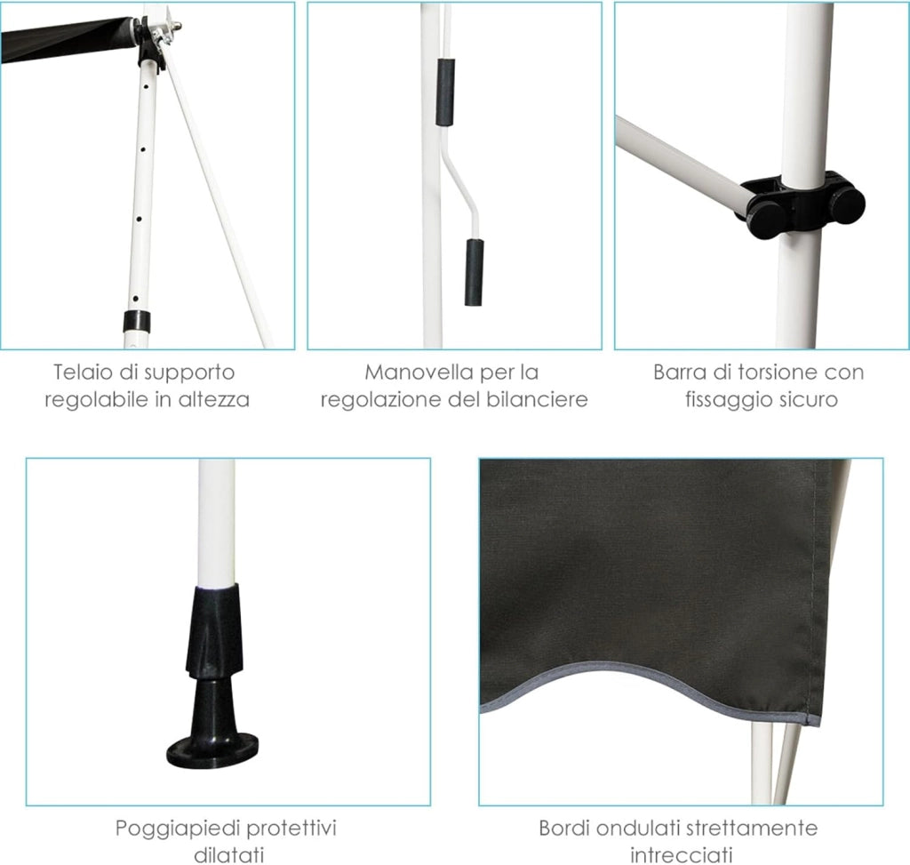 Tenda da Sole per Balcone, Tenda da Sole a Morsetto per Esterno, Regolabile in Altezza, Telaio Telescopico Senza Forare, Telo Resistente ai Raggi Solari (200 cm, Grigio)