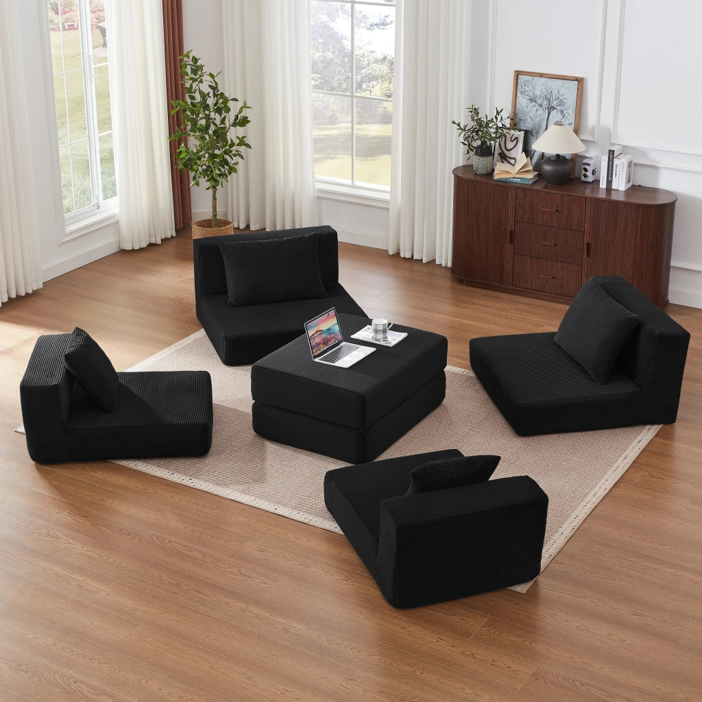 Divano modulare trasformabile in letto matrimoniale con braccioli oversize e base antiscivolo in tessuto a coste nero