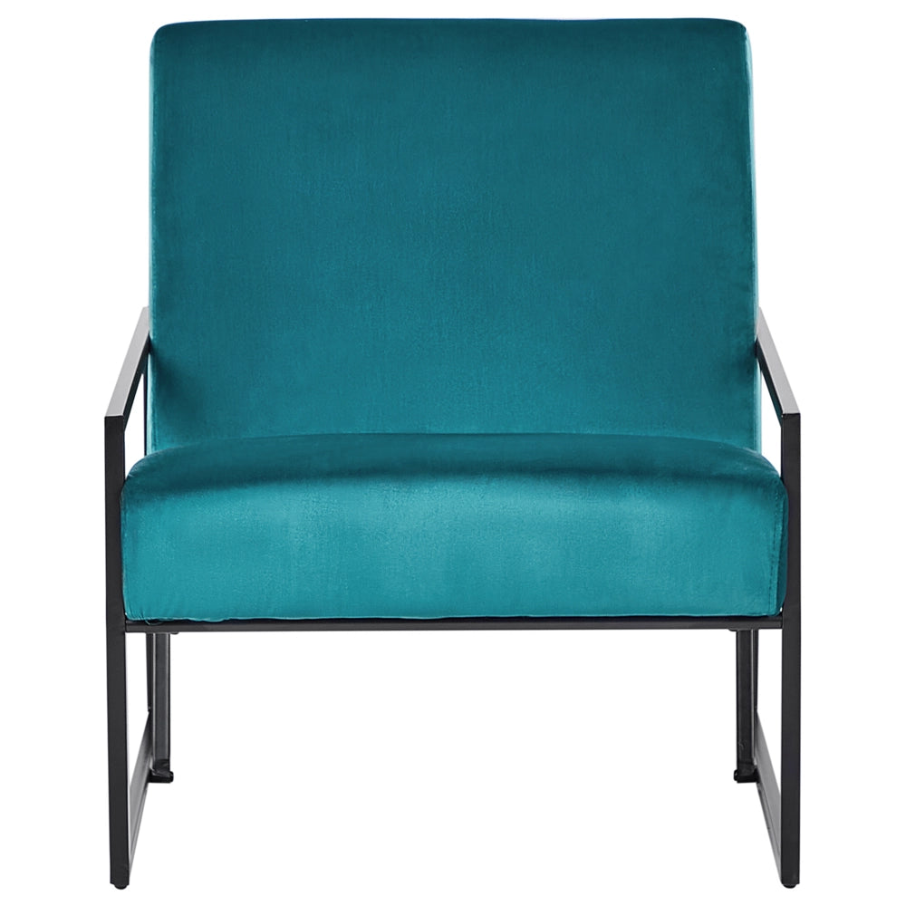Poltrona in velluto turchese 83L x 69L x 83H Schienale Bracciolo Struttura in metallo nero Soggiorno moderno glam