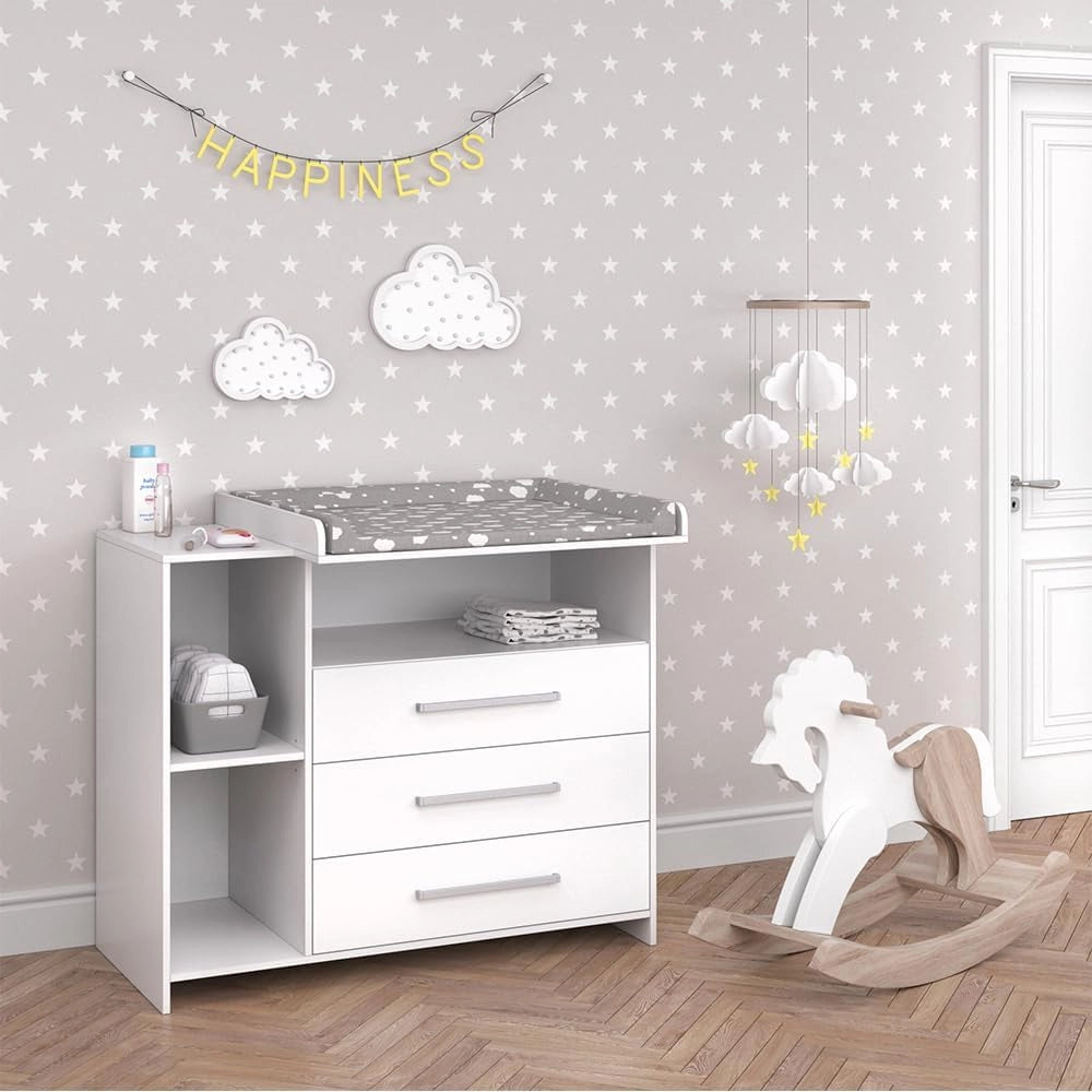Fasciatoio Oskar, Bianco, 113 x 100 cm con cassetti, convertibile in una normale cassettiera dopo la rimozione del fasciatoio