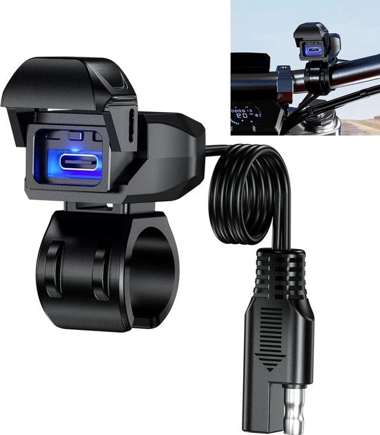 Caricatore PD 36W per Moto con USB C | Caricatore per Moto con USB C e Contatto di Corrente | LED e Interruttore Intelligente | 9V/24V per Moto e Mountain Bike