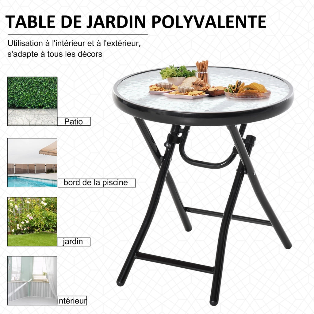 Tavolino da giardino rotondo pieghevole ¨C zephmum ¨C nero, metallo, vetro temperato ?45x50cm