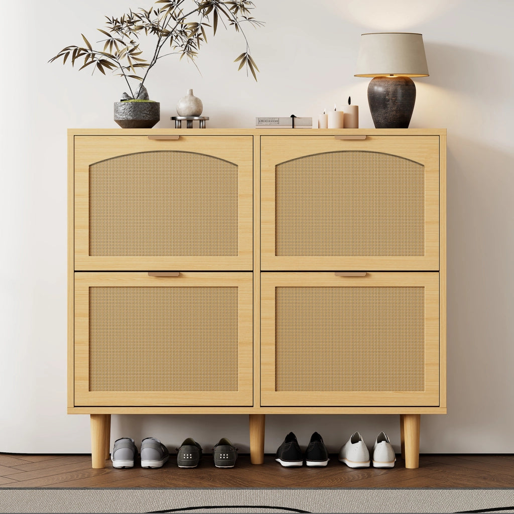 Scarpiera con 4 ante ribaltabili in stile rattan, mobile salvaspazio per ingresso con struttura in truciolare effetto rovere, 100 x 25 x 90 cm