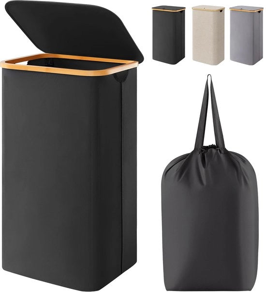 Wascio 100L con coperchio, lavatrice con maniglie in bambù e sacco lavaggio rimovibile, grande lavatrice pieghevole per camera da letto, bagno, casa studenti, zona lavanderia, nero