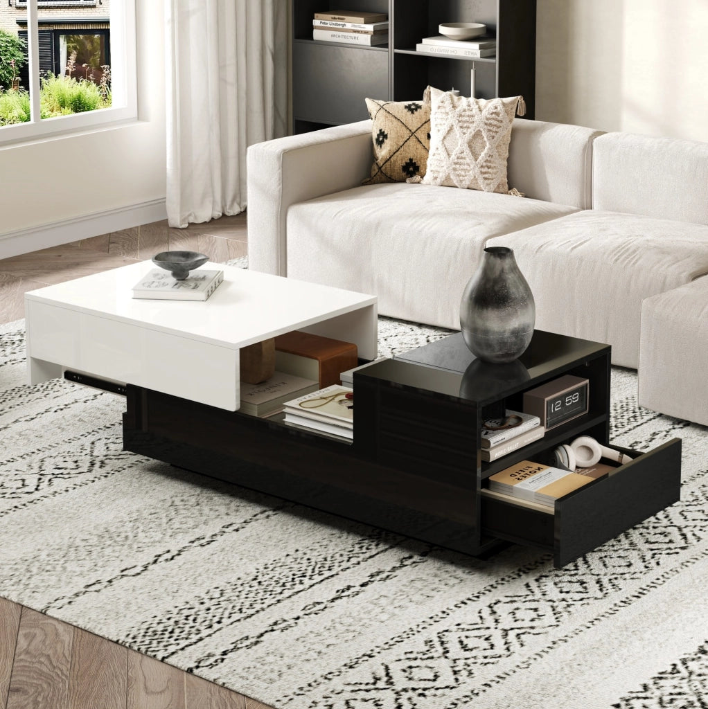 Tavolino da salotto rettangolare 100 x 50 x 38 cm in truciolare bianco e nero; con 2 cassetti