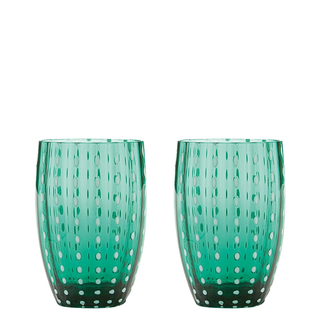 Zafferano Perle Bicchiere Verde - Vetro Colorato Soffiato a Bocca, 32 cl, Lavorato a Mano - Set da 2 Tumblers Artigianali per Acqua o Cocktail