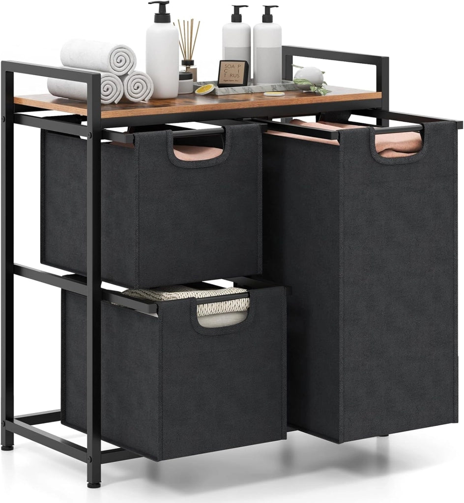 Cesto porta biancheria freestanding, Cestino porta biancheria con 3 sacchi rimovibili, Ampio piano, Mobile salvaspazio per biancheria sporca con 3 ceste per lavanderia, camera, bagno