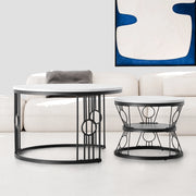 Set 2 tavolini salotto impilabili bianco nero, 70×70 e 45×45 cm, MDF e metallo
