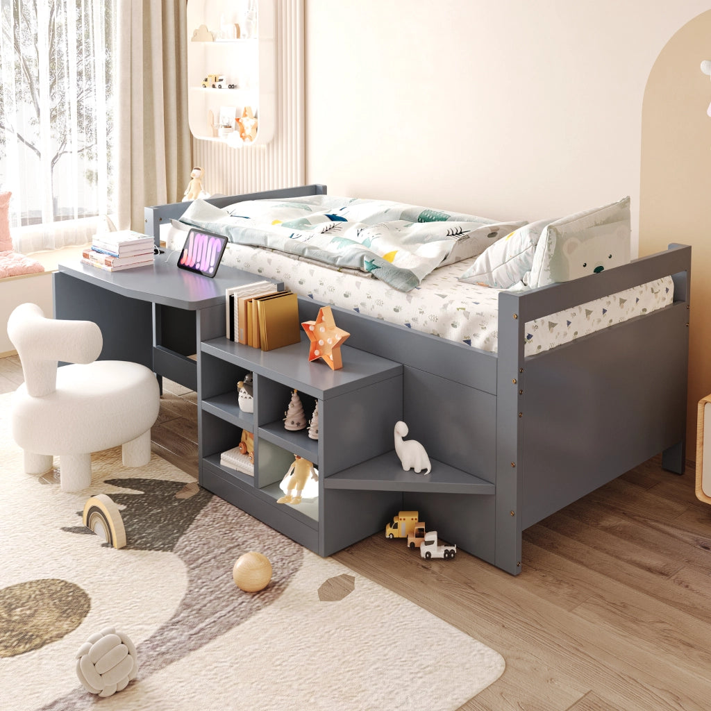 Letto combinato 90 × 200 cm con scrivania, contenitori integrati e prese USB, senza materasso, in legno, grigio
