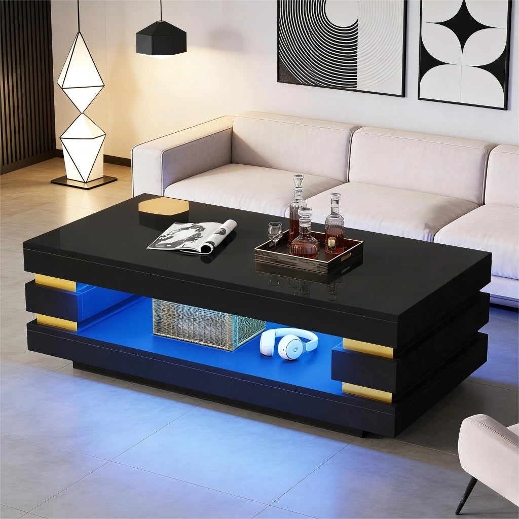 Tavolino lucido, 100 x 50 x 35 cm, design traforato, luci a LED, pannello truciolare, nero
