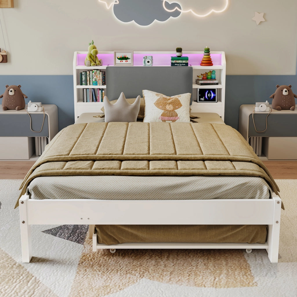 Letto Estraibile 120x200 cm e 90x190 cm - LED; Mensole e Stazione di Ricarica - Bianco