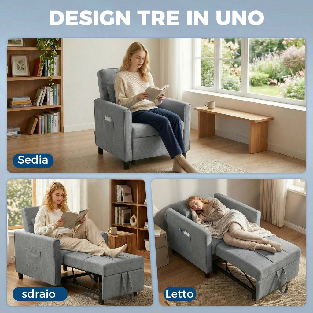 Divano Letto Pieghevole Convertibile 69x82x85 cm con Schienale Regolabile e Cuscino in Tessuto Effetto Lino Grigio