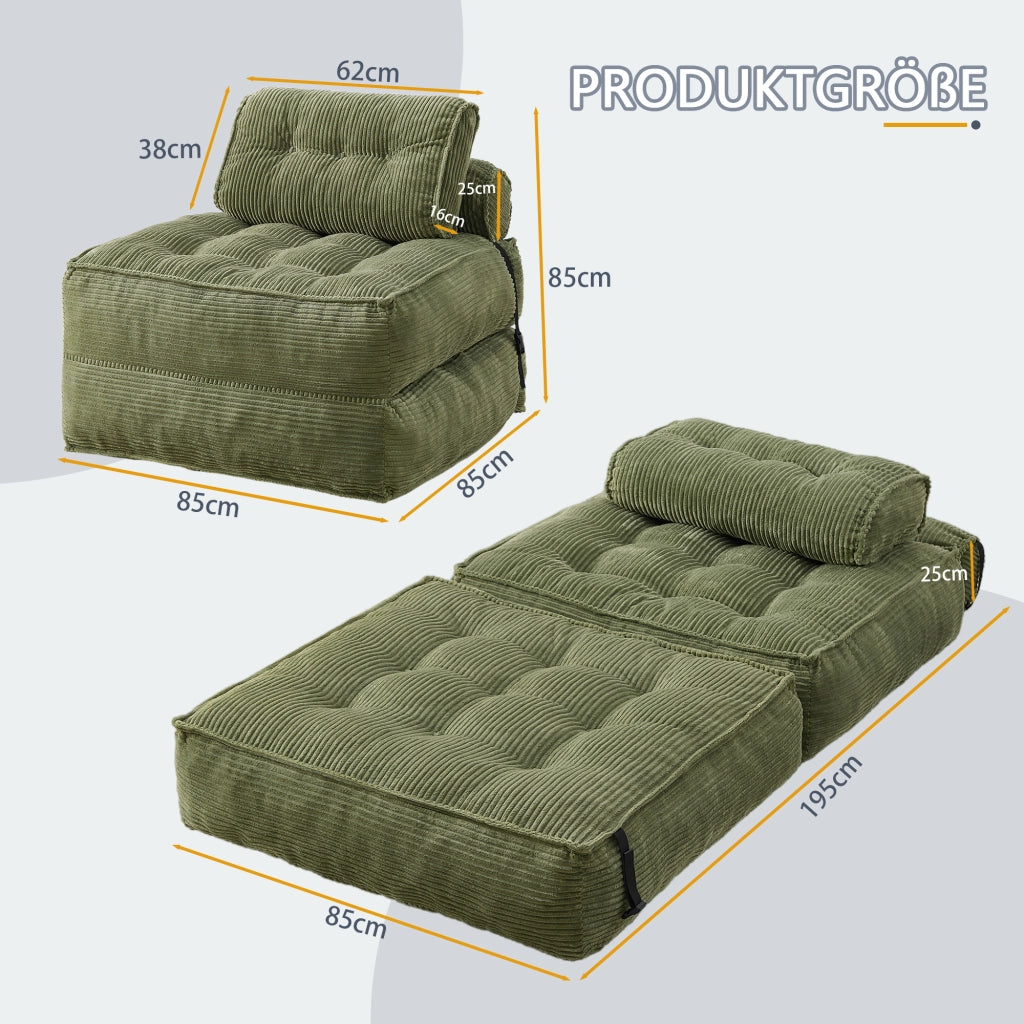 Pouf, divano letto pieghevole, velluto a coste, schienale regolabile, pronto all'uso, verde