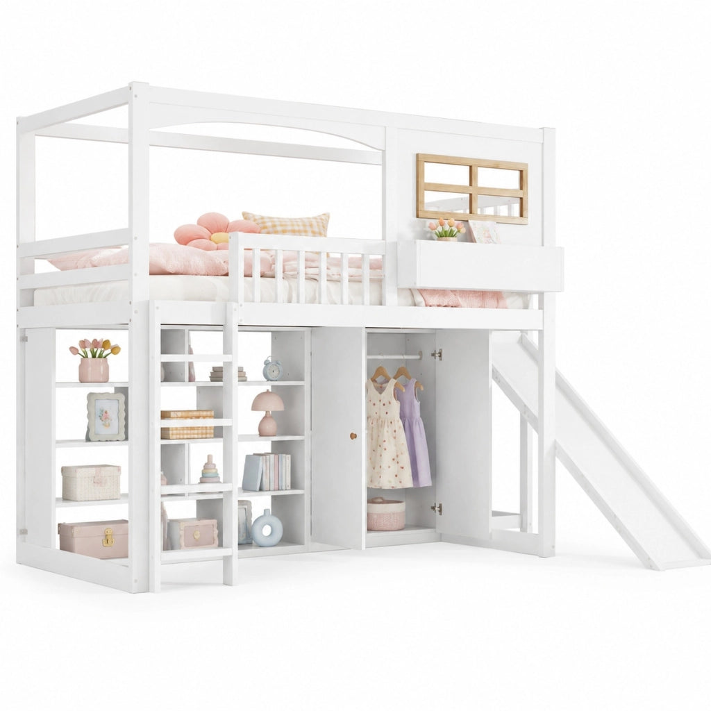 Letto a castello per bambini 90x200 cm con scivolo, armadio e ripiani