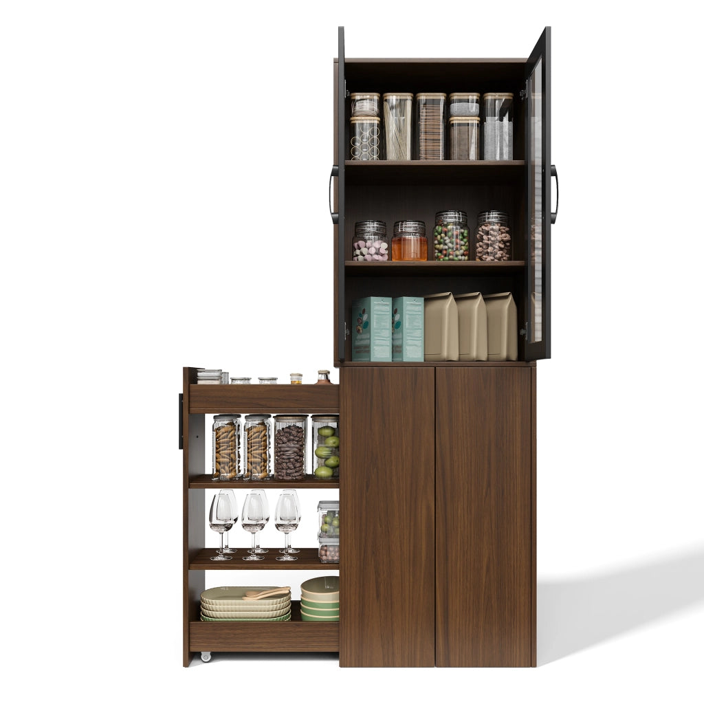 Mobile dispensa stretto 60×30×180 cm con ante in vetro, carrello estraibile e 4 ripiani