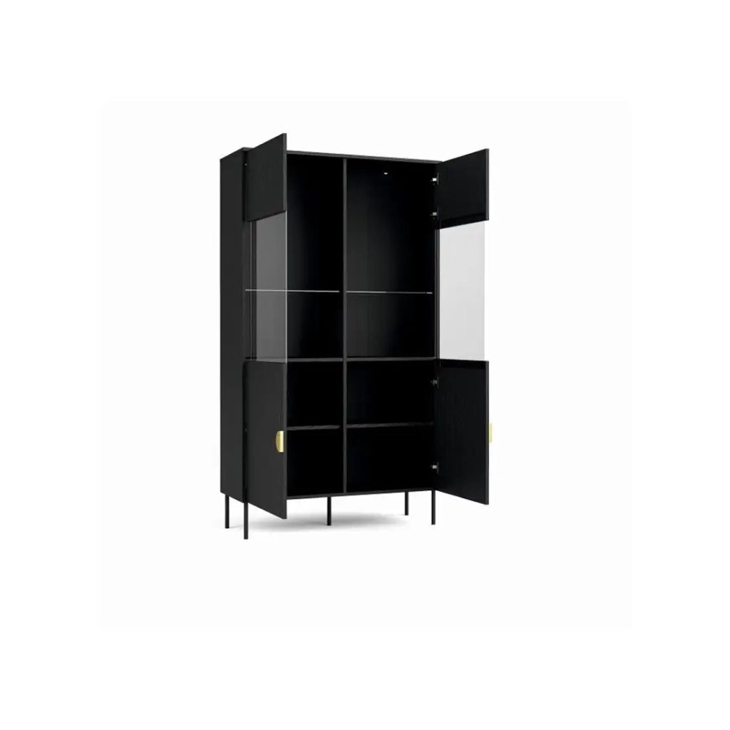 Set mobili soggiorno: Mobile TV, tavolino, credenza, vetrina, nero con maniglie dorate, collezione MONDO