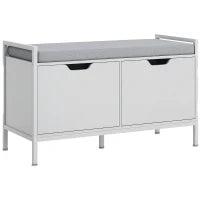 Panca Scarpiera a 2 Armadietti con Cuscino, in Tessuto Effetto Lino, Legno e Acciaio, 84x35x50 cm, Bianco