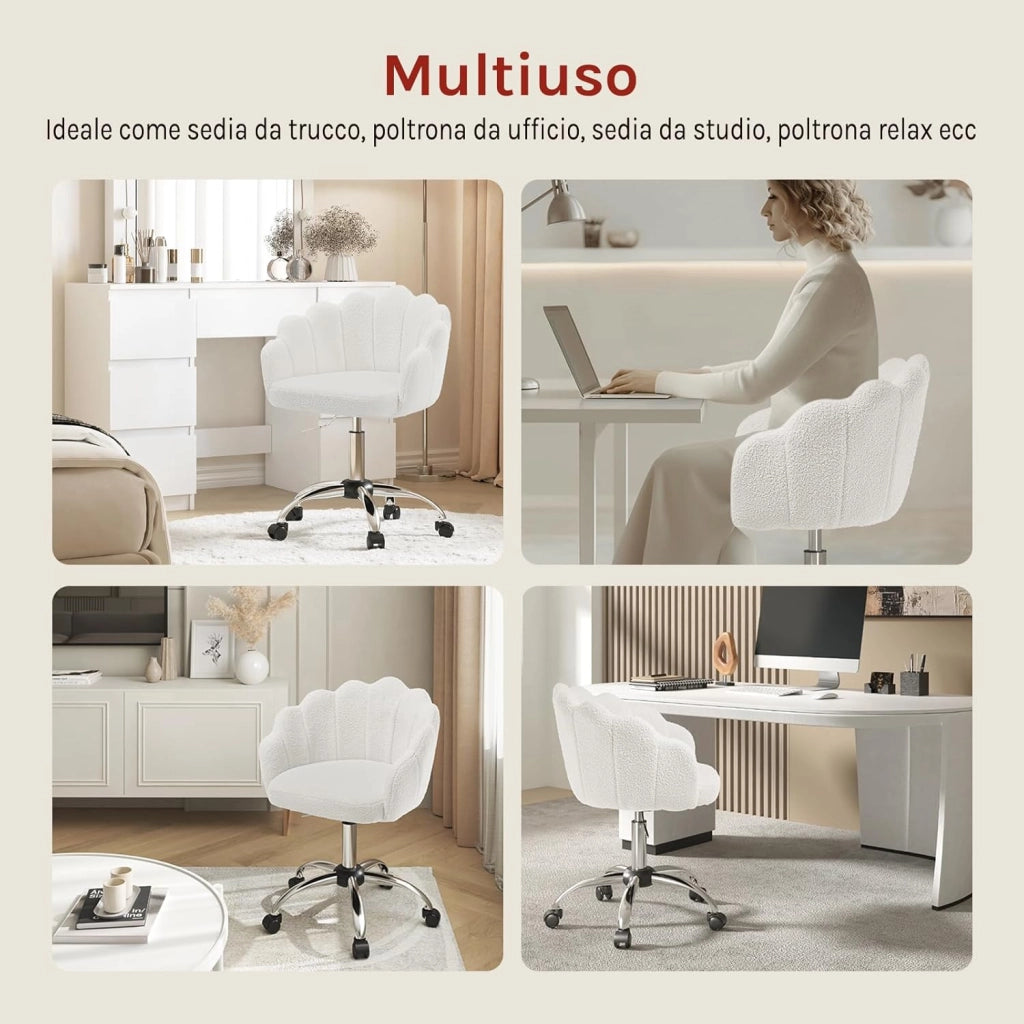 Sedia da Trucco con Schienale a Petalo, Sedia Ufficio con Braccioli e Rotelle, Poltroncina Girevole, Altura Regolabile, Cashmere, Crema