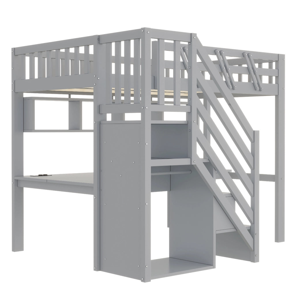 Letto a soppalco per bambini 90x200 cm con scrivania; LED e scala contenitore grigio
