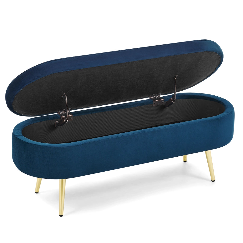 Panca contenitore in velluto blu scuro 110x40x42 cm con vano 20L e gambe in metallo