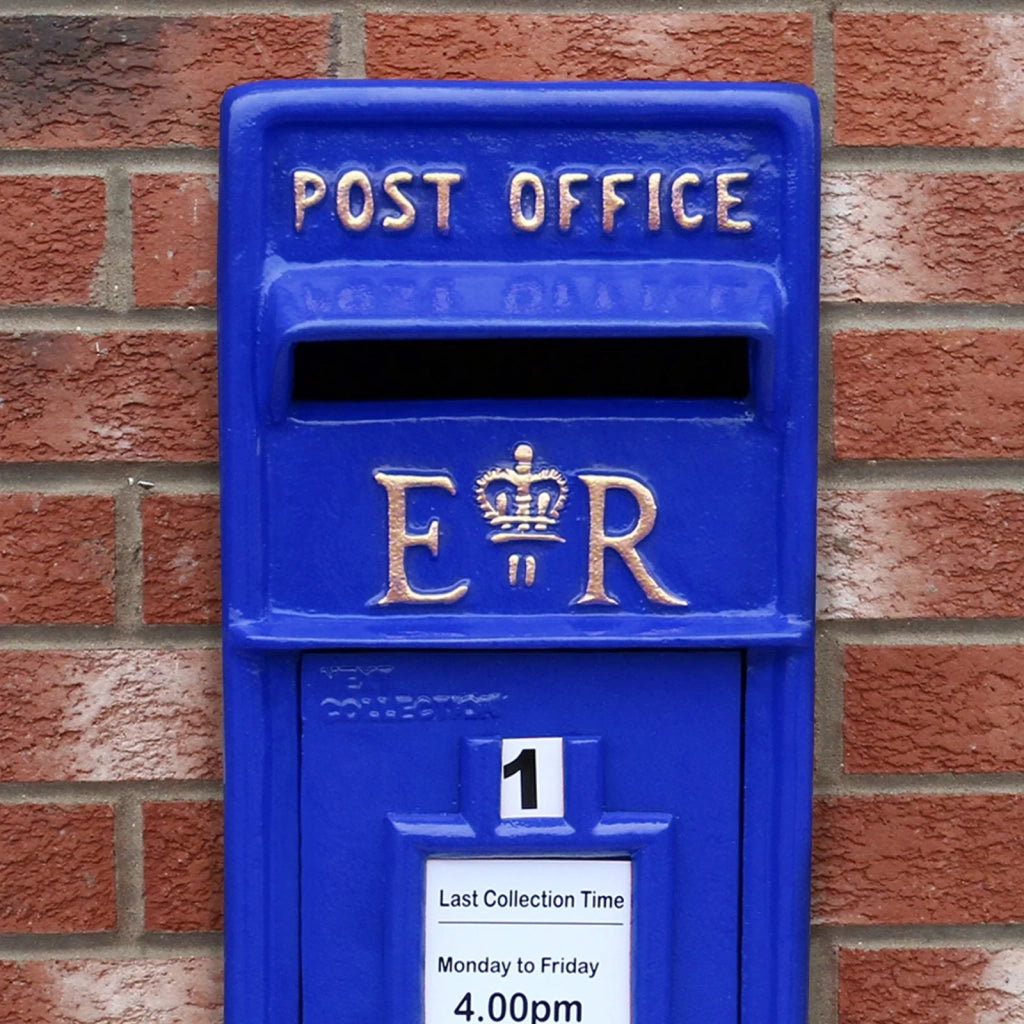 Cassetta Postale per le Lettere in Stile Britannico Inglese in Ghisa da Esterno Bocchetta Lettere Standard UK - con Piedistallo - Blu
