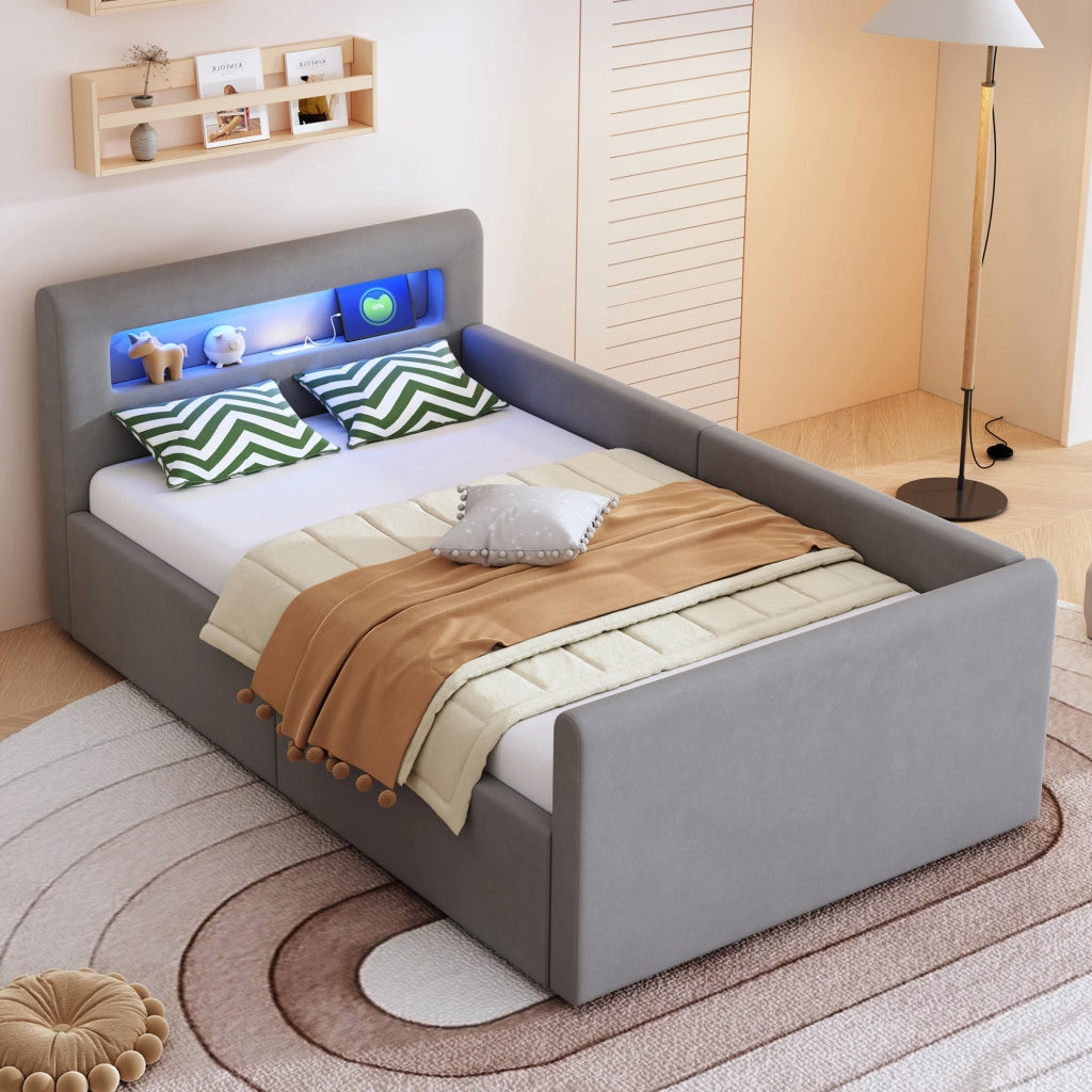 Letto 90x200 cm - Letto imbottito,Con luce notturna,Porta di ricarica USB,Con vani portaoggetti,Velluto,Funzione di accumulo idraulico,grigio