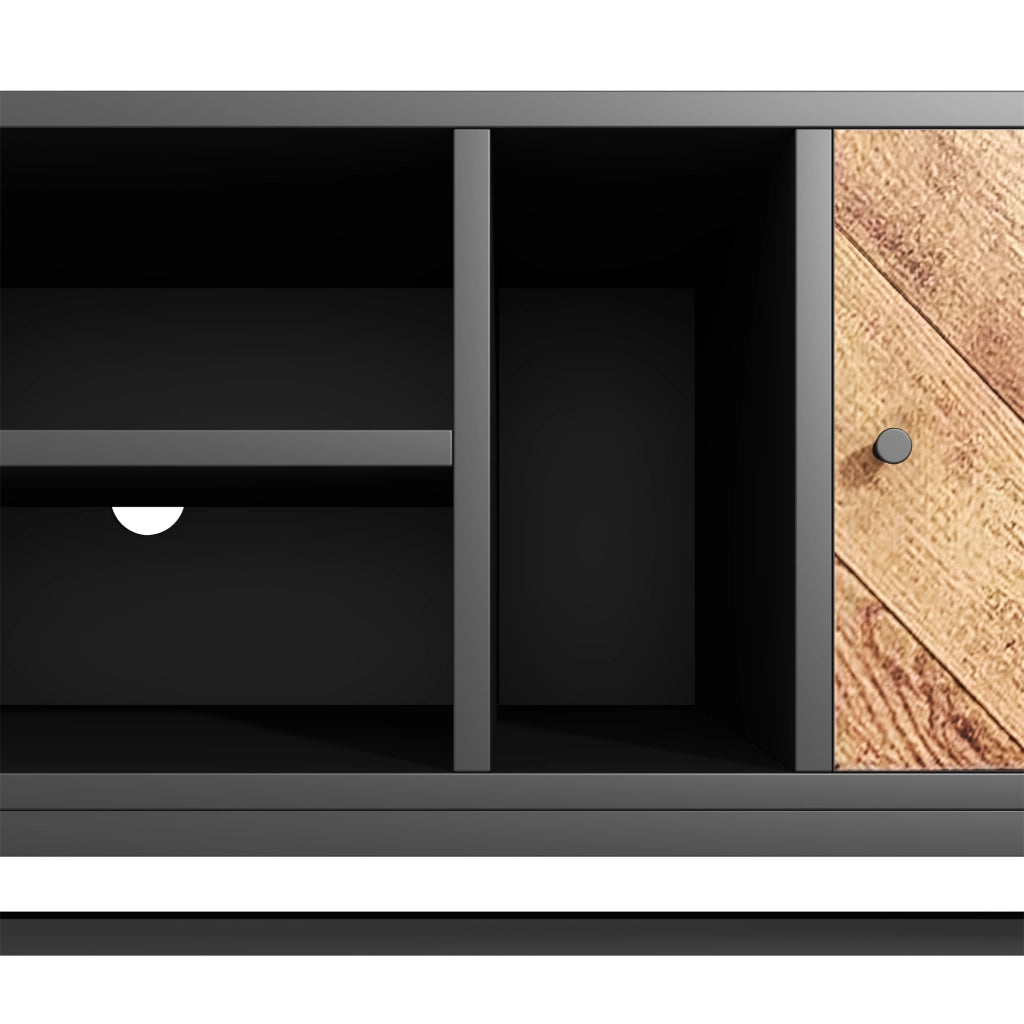 Mobile TV 150x38x50.5 cm; ampio spazio con vani e armadi; pannello truciolare e ferro; nero e colore naturale