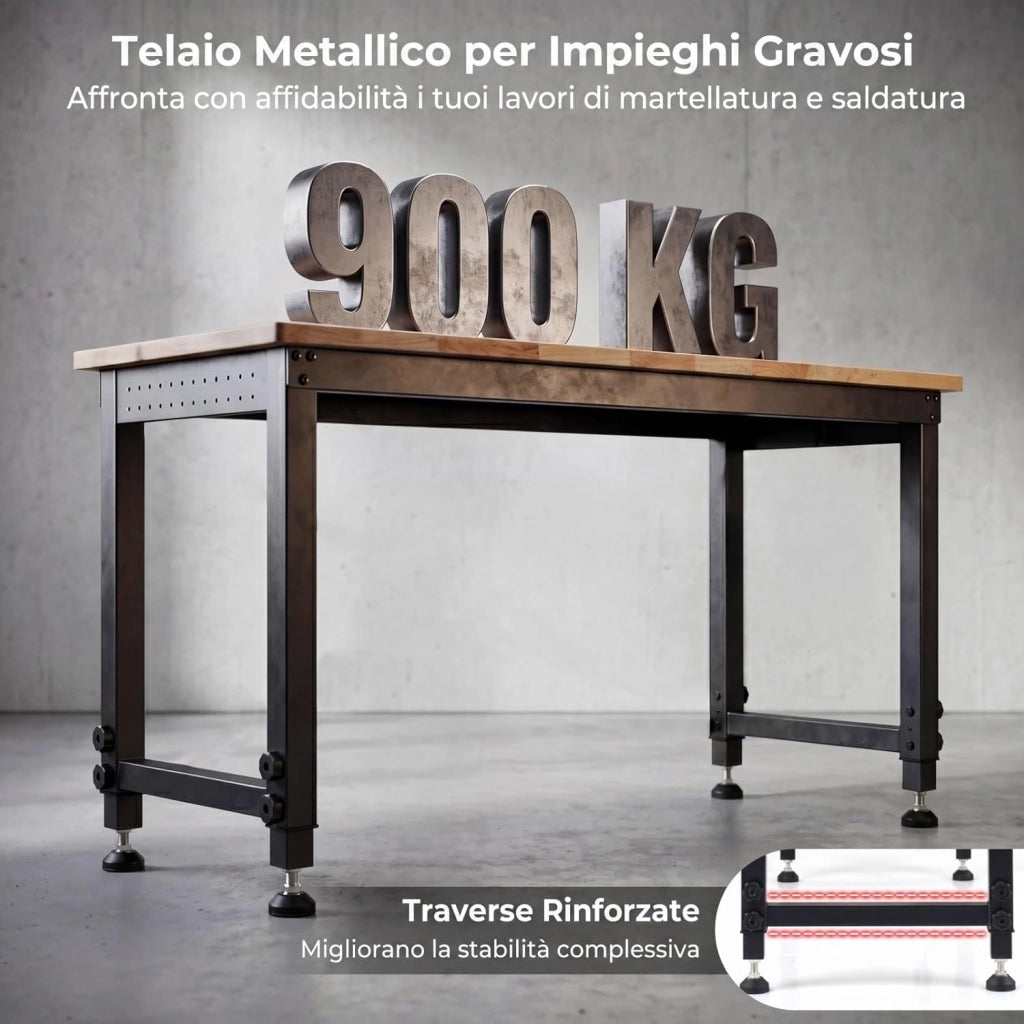 Banco da Lavoro Officina 122 x 51 cm, Tavolo da Lavoro Regolabile in Altezza con Stazione di Ricarica e Pannello Forato, Banco da Saldatura in Metallo per Garage e Magazzino, Portata 900 kg