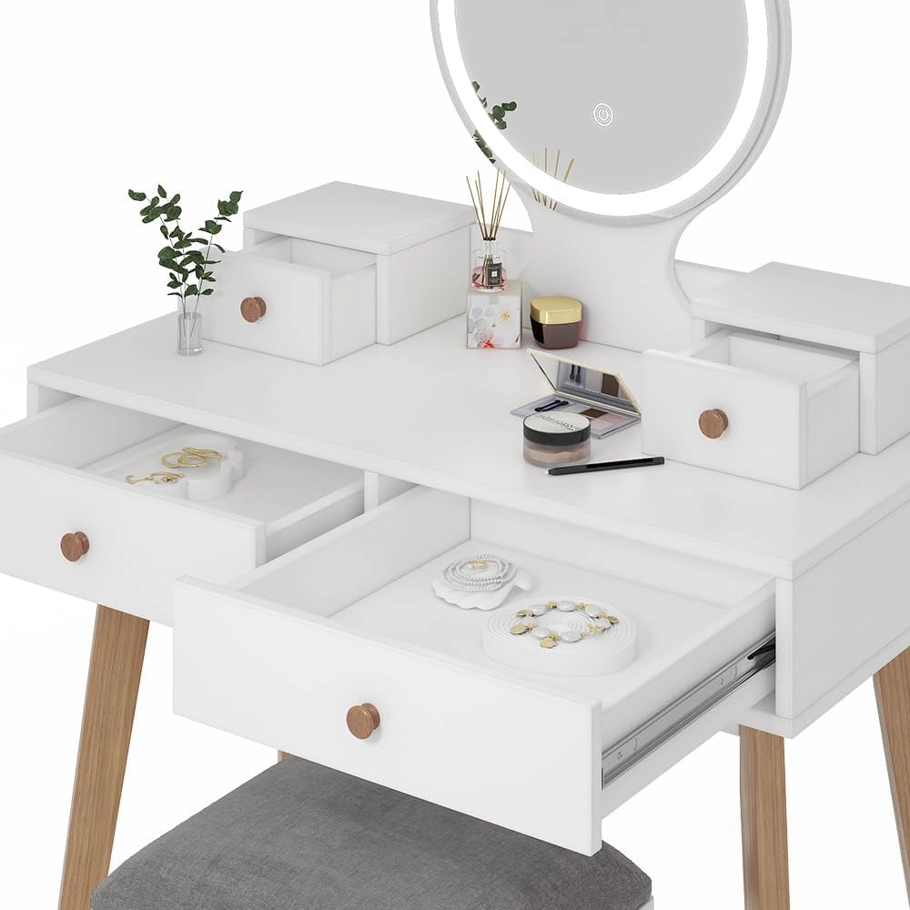 Tavolo da toeletta Finya, Bianco, 80 cm con specchio LED e sgabello, per la conservazione e l'organizzazione di articoli cosmetici