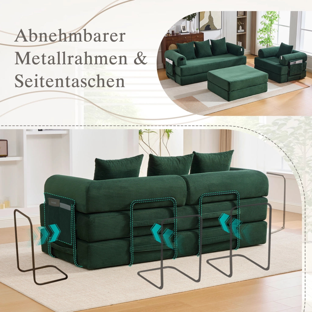 Divano modulare con pouf e tasca laterale, struttura in metallo, in velluto a coste verde smeraldo 200 × 190 × 67 cm