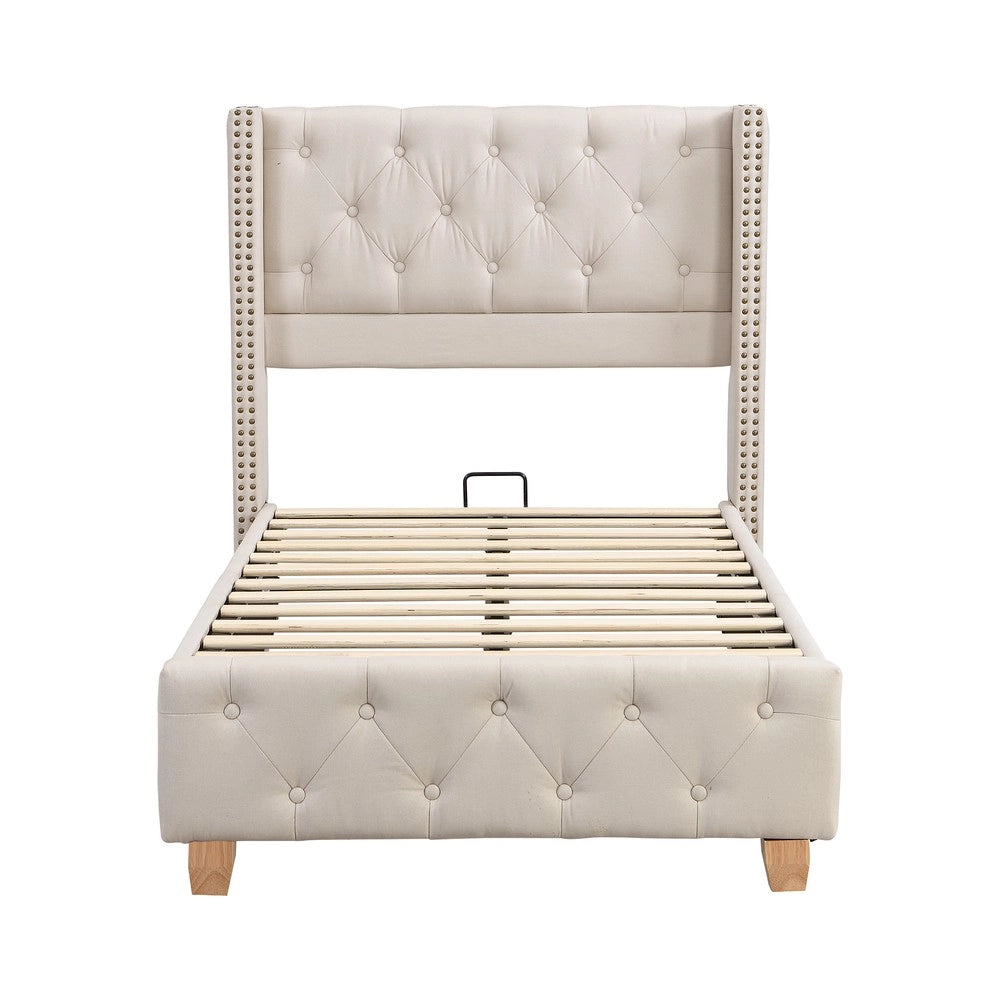 Letto Imbottito Singolo con Testiera e Rete a Doghe ¨C MINIMAL ¨C Lino Beige 90x200