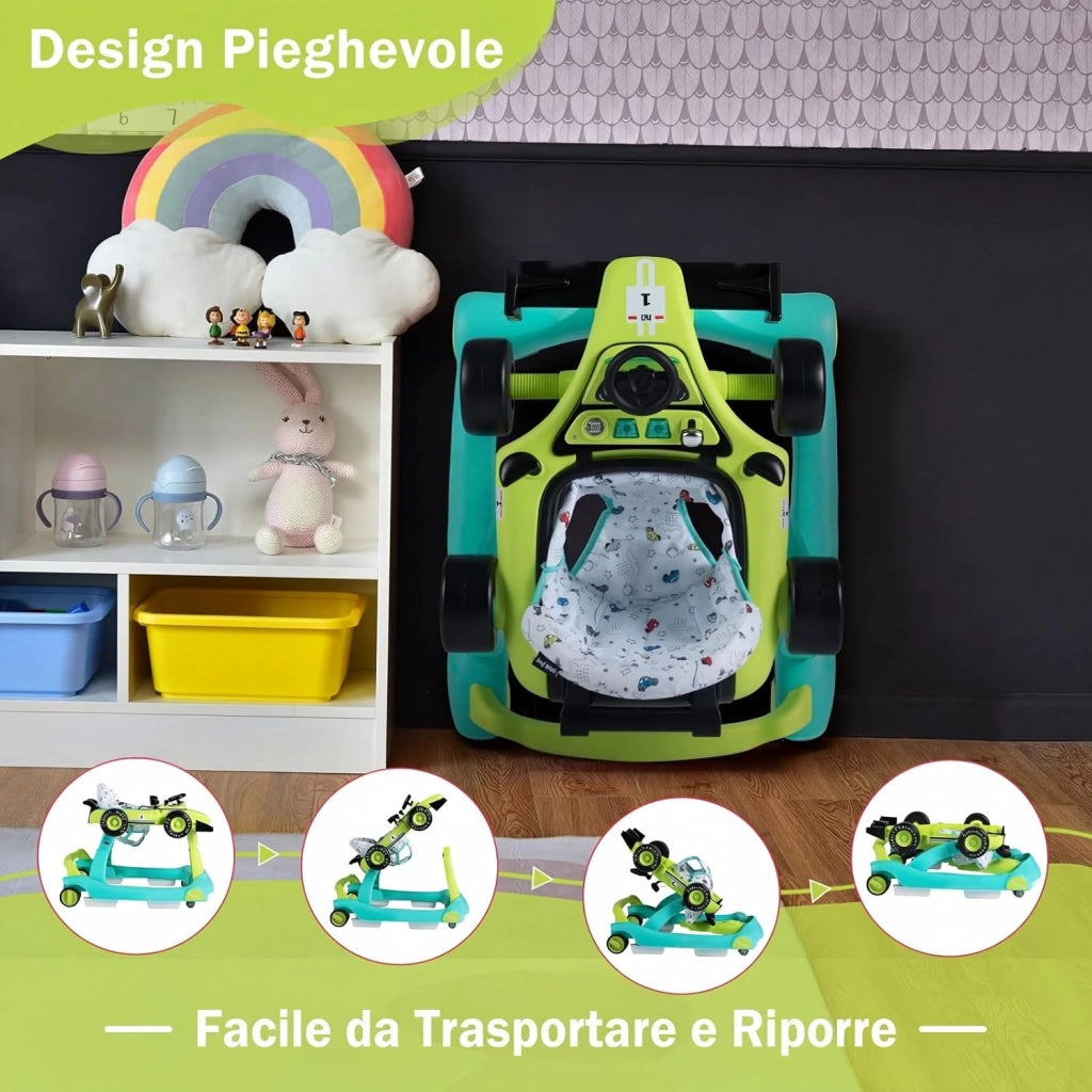 Girello per Bambini 4 in 1, Girello Pieghevole con Altezza e Velocità Regolabili, Carillon con Luci, Volante, Primi Passi per Bambini 6-18 Mesi, Portata 12 kg (Verde)
