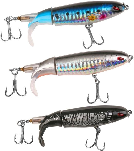 Aas per superficie per pesci di grandi predatori - 3 pezzi - Ideale per pesci come il pesce persico/anguilla/piatto - Scharnieri robusti - Resistenza alla rottura 20 lbs - Alettoni per alassi