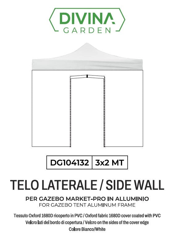 Telo laterale 3x2m bianco impermeabile con porta avvolgibile per gazebo richiudibile Market-Pro