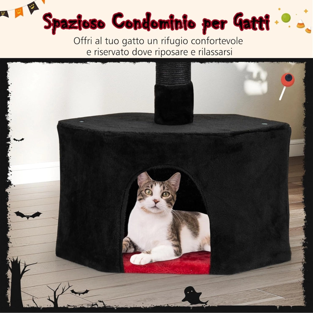 Albero per Gatti in Stile Gotico, Tiragraffi per Gatti da Pavimento a Soffitto Regolabile 245-300 cm con Condo, Amaca, Tiragraffi in Sisal e Pallina Pendenti, Mobile da Interno per Gattini