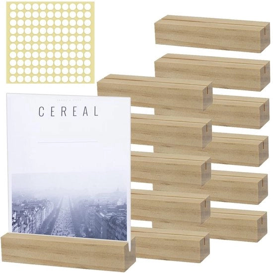 Supporto per carte da tavolo 12 posizioni, 10x2,5x2 cm, in legno massello naturale, con adesivo, supporto per menu, supporto per numeri di tavolo, supporto per carte in legno massello.