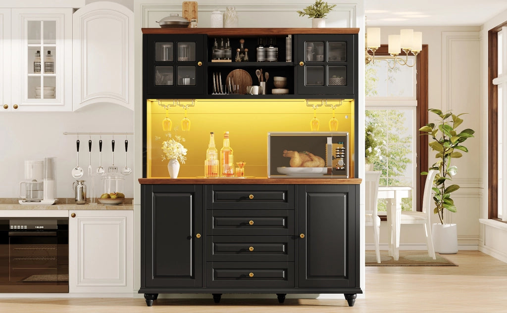 Credenza alta con LED RGB, 4 cassetti e ripiani regolabili per cucina e soggiorno, in MDF, nero, 140 × 40 × 179.5 cm