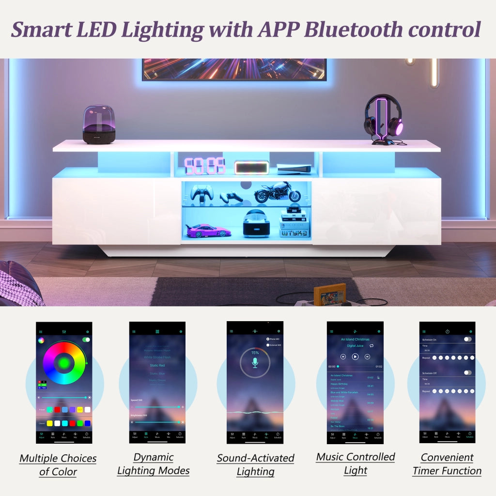 Mobile porta TV con 2 armadietti, LED controllato da app, ripiani in vetro temperato, MDF bianco 160 × 40 × 45 cm