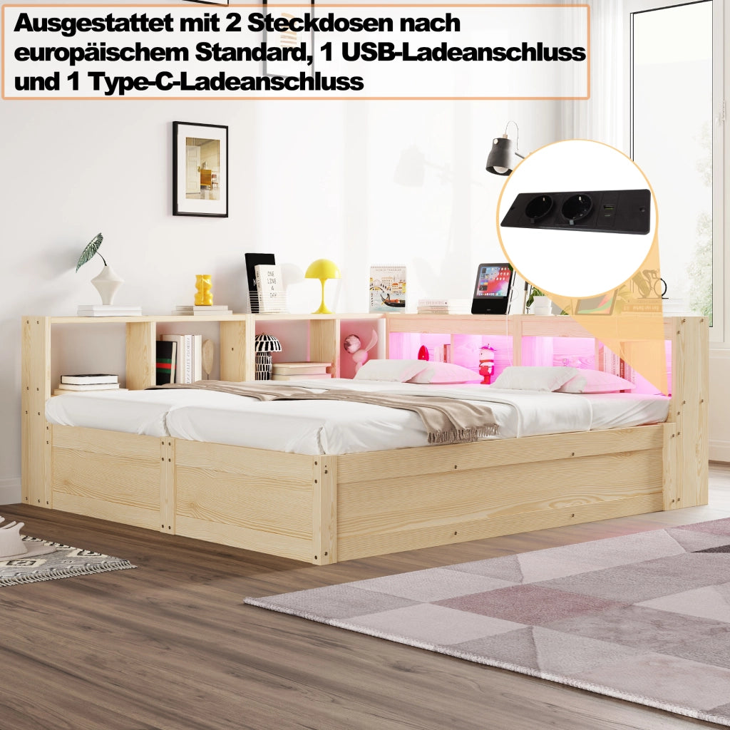 Letto divano 90/180 × 200 cm con prese integrate, contenitore, LED, senza materasso, in MDF, legno naturale