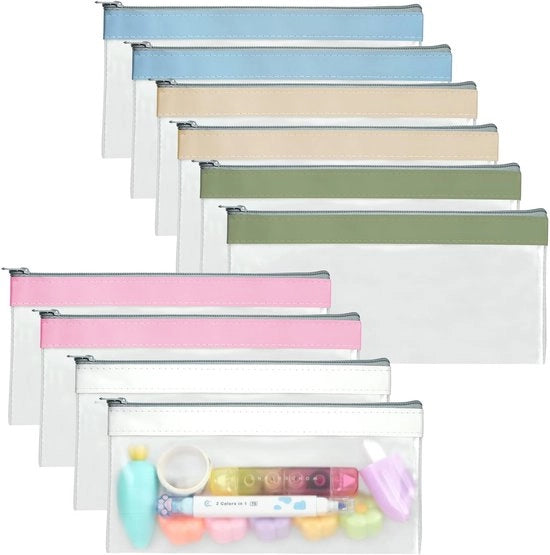 Confezione da 10 etui trasparenti con chiusura metallica, organizzatore per penne e matite, tasca per pennarelli, borsa per penna, borsa da viaggio, borsa per trucco, borse per bagno da ufficio, 22,5 x 10,5 cm