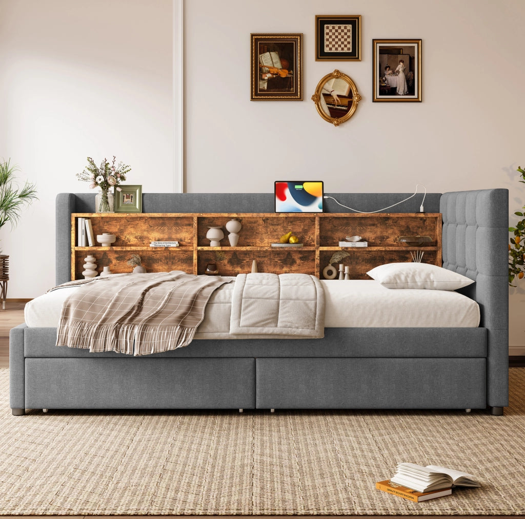 Letto singolo 90x200 cm grigio con cassetti, USB e Type-C