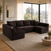 Divano modulare a U con portabicchieri e tasche laterali in corduroy marrone 320 × 155 × 88 cm
