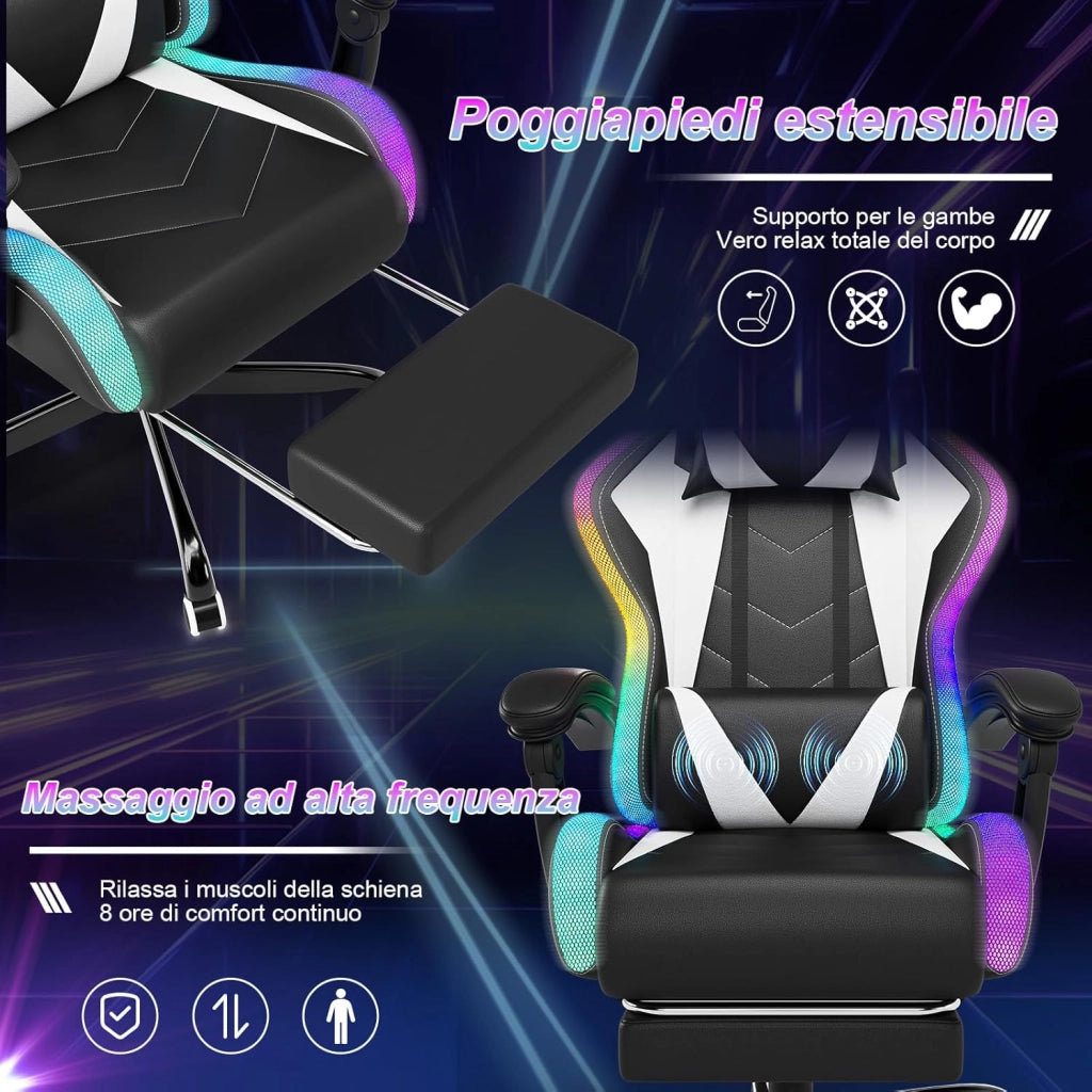 Sedia da Gaming con Massaggiante Schienale Regolabile 90-135°, Sedia Gaming con LED e Poggiapiedi Telescopico,Poltrona Gaming Ergonomica Portata 150 kg (Bianca)