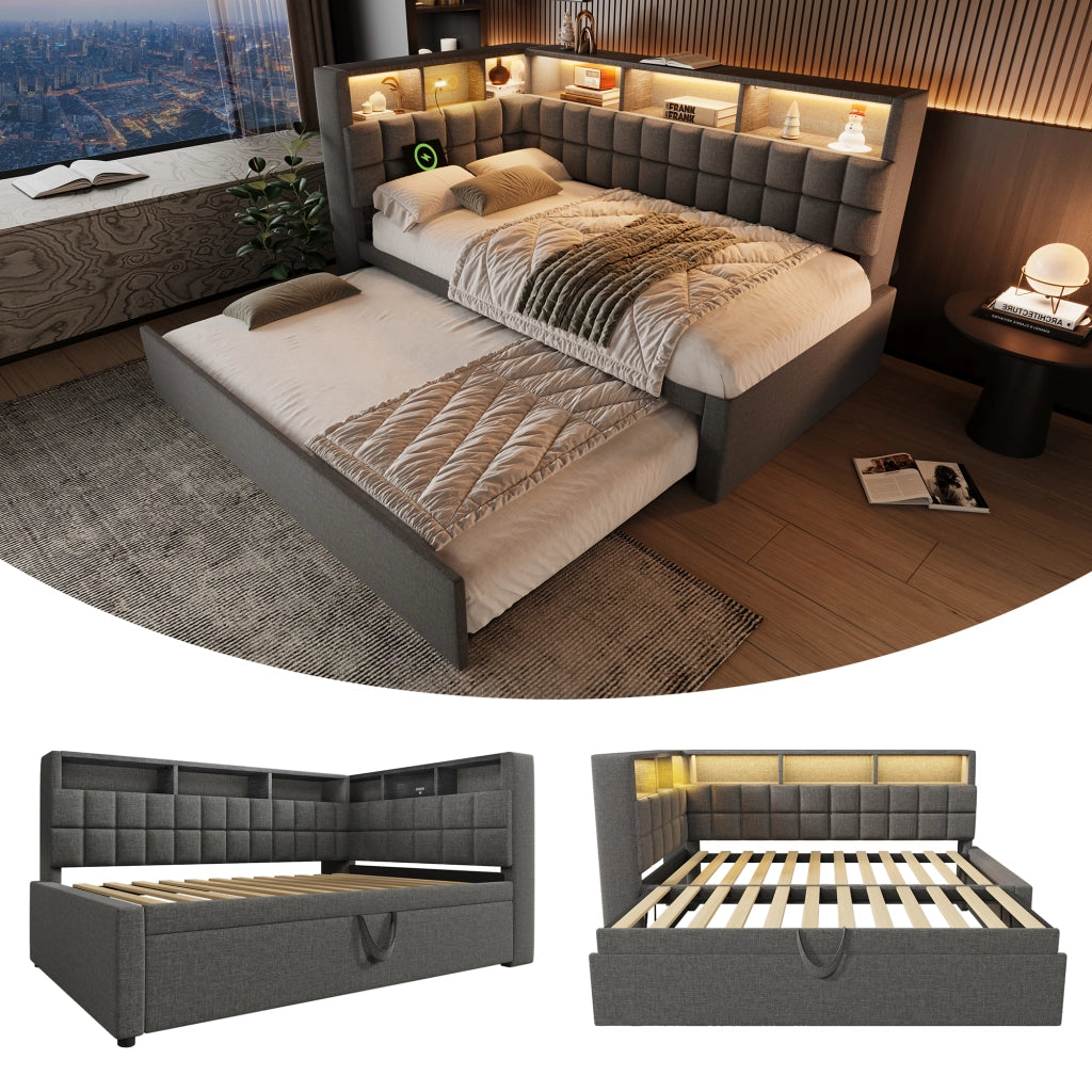 Letto imbottito 90x200 cm con letto estraibile; LED; Bluetooth e porte USB; grigio