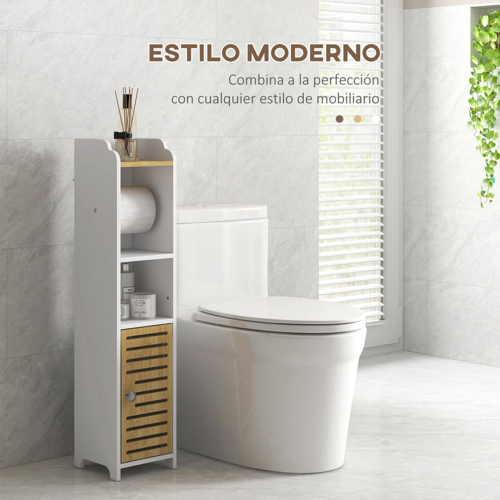 Mobile Bagno con Portarotolo e Ripiani ¨C Zephmum ¨C 18x20x90 cm Bianco e Rovere