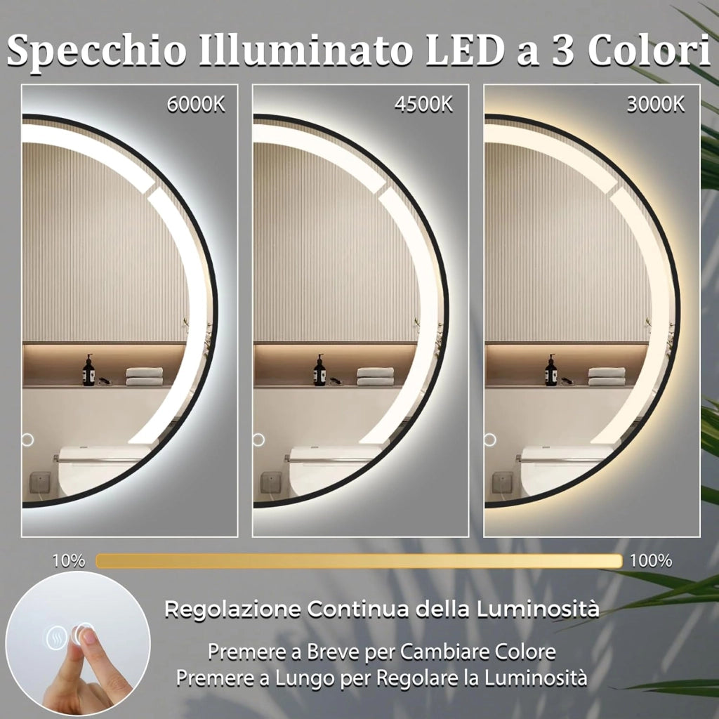 Specchio da Bagno LED Rotondo da 60 Cm, Specchio da Toeletta con Cornice in Alluminio, Funzione Antifog, 3 Colori di Luce e Luminosità Regolabile, Specchio Smart da Montare a Parete