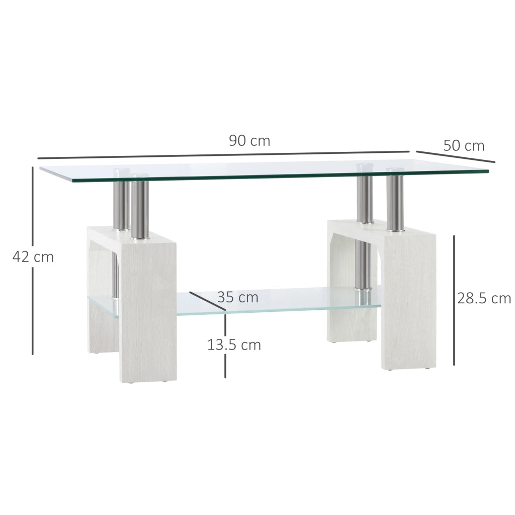 EasyComfort Tavolino da Caffè Moderno a 2 Livelli in Vetro e Legno, 90x50x42cm, Bianco
