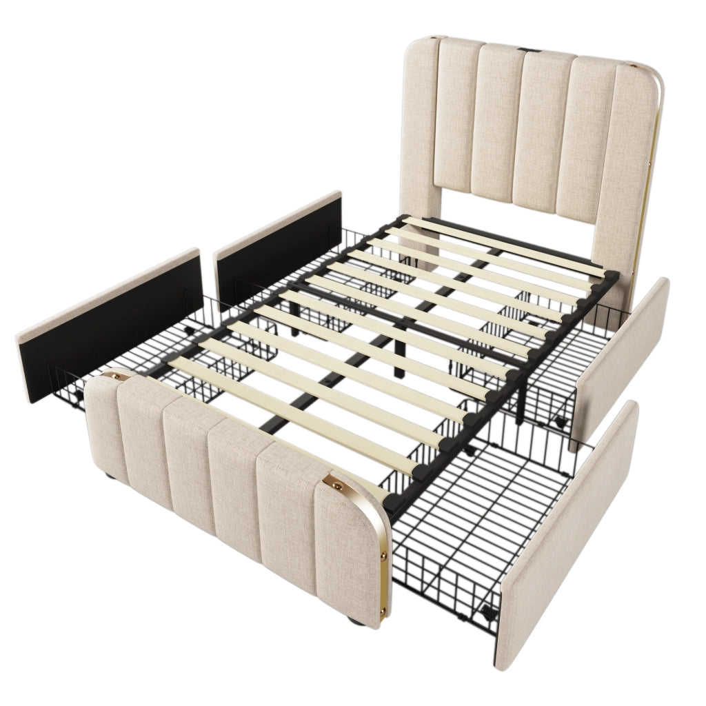 Letto con Cassetti 140 x 200 cm; Letto Matrimoniale con USB; Type-C; LED e Testiera Contenitore; senza Materasso; Grigio